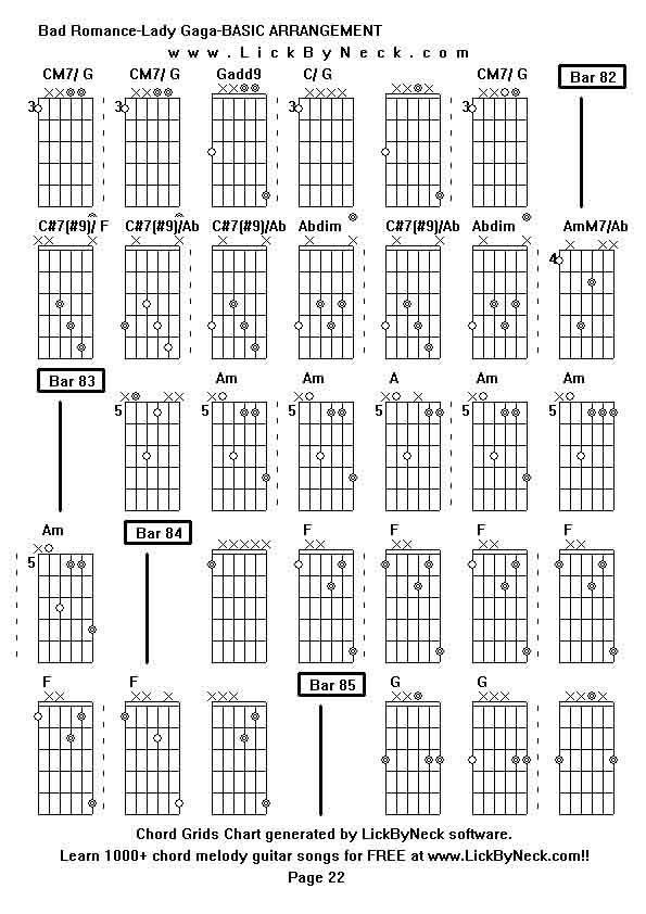 Chord Grids Chart of chord melody fingerstyle guitar song-Bad Romance-Lady Gaga-BASIC ARRANGEMENT,generated by LickByNeck software.